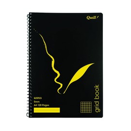 Quill A4 Grid Book, 5mm Squares, 70gsm, 120 Pages, Black Polypropylene Cover