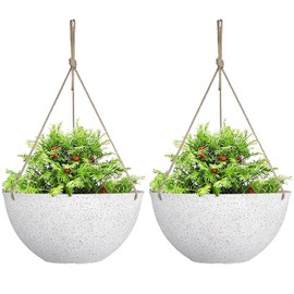 LA JOLIE MUSE Large Hanging Planters for Outdoor Plants - 13 Inch Hanging Flower Pots Set of 2, Speckled White