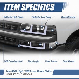 Auto Dynasty LED DRL Headlights Assembly ompatible with 1999-2006 Chevy Silverado 1500 2500 3500 HD Tahoe, Driver Passenger Side Halogen Headlamps Replacement w/F-Style Running Light, Black/Clear