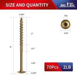 SG TZH #14 x 4 Inch Lag Screws (70Pcs) 2lb. Structural Wood Screw, Bronze, Carbon Steel, Washer Head, Rust Resistant epoxy Coated, T30 Star Bit