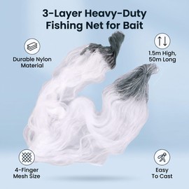 Fishing Net Fine Mesh Pond Net 50 m 1.5 m Height, 3 Layers Nylon Fishing Net with Float Fishing Accessories Small Mesh Net Practical Tool Gifts for Men Dad (4 Fingers)