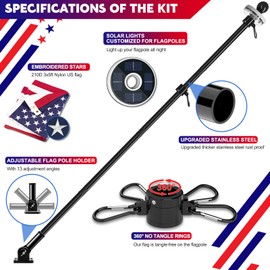ZMTECH 5FT Flag Pole Kit with Solar Light and Embroidered American Flag, Adjustable Bracket and Upgraded Tangle-Free Ring 1" Stainless Steel Flagpole for Day and Night, Residential, Commercial, Black