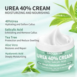 Grocerism Urea 40% Foot Cream with 2% Salicylic Acid – Callus Remover & Moisturizer with Hyaluronic Acid, Aloe Vera & Tea Tree for Dry Cracked Heels, Feet & Hands – 5.29 oz Intensive Repair Cream