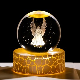 2.36in. Miniatured Angels with Wings Birthday Christmas for Women Girlfriend, 3D Glass Engraved Cute Angel K9 Crystal Ball with Light Base for Home Office Decoration