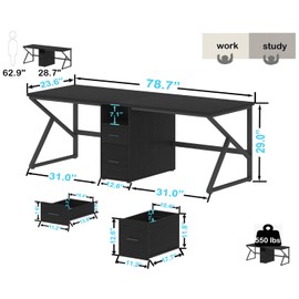 IBF Black Computer Table with File Drawer, 79" Gaming Writing 2 Person Desk with Storage Cabinet Shelf, Modern Large Extra Long Wood Metal Dual Office Desk Industrial Work Study Double Computer Desk