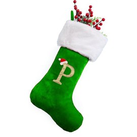 SherryDC 20 Inches Monogram Christmas Stockings Letter P, Soft Velvet Plush Cuff Embroidered Xmas Stockings Decorations for Family Holiday Season Decor