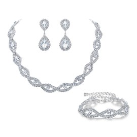 BriLove Wedding Bridal Jewelry Rhinestone Crystal Infinity Choker Necklace Teardrop Dangle Earrings Eternity Bracelet Set for Women