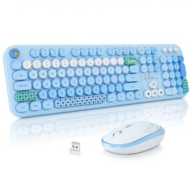 MOFII Wireless Keyboard and Mouse Combo, Cute Full Size Retro Typewriter Keyboard and Wireless Mouse, 2.4GHz Set for PC/Desktop/Laptop/Windows (Blue Colorful)