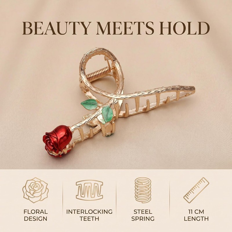 Red Elegant Rose Metal Hair Claw Clips, Large Shark Clips
