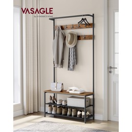 VASAGLE Hall Tree with Bench and Shoe Storage, Entryway Bench with Coat Rack Stand and Shoe Rack, 9 Movable Hooks, Top Bar, Fabric Shelves, Industrial, Rustic Brown and Black UHSR421B01