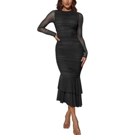 Atizon Elegant Ruched Bodycon Evening Dresses for Women Cocktail Party Formal Maxi Mermaid Dress Black