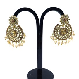 Generic Indian Bollywood Woman Wedding Party Gold Tone CZ Earring Set Ethnic Chandelier Pearl Golden Jewelry, WSE62