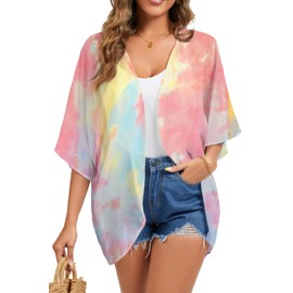 FINOCEANS Women's Tie Dye Cardigan Kimono Swimwear Cover Up Beach Chiffon Boho Loose Open Front Shirt Tops Small
