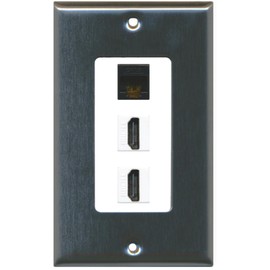 RiteAV - 1 Cat6 Black Ethernet Port and 2 HDMI Female Decorative Wall Plate - Stainless Steel/White
