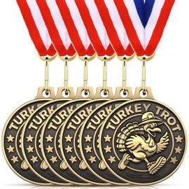 Turkey Trot Medals 2'' Thanksgiving Turkey Medals Turkeys Gold Award Bowl Prizes Trophies with Ribbon Bulk for Thanksgiving Trot Bowl, Community Holiday Events, Sports Day Prizes (6)