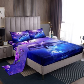 Galaxy Dolphin Sheet Set Queen Size Coastal Ocean Waves Bedding Purple Cherry Blossoms Sea Animal Bed Sheets For Kids Boys Girls Teens Moon Sky Starry Fitted Sheet + Flat Sheet + 2 Pillow Cases Blue