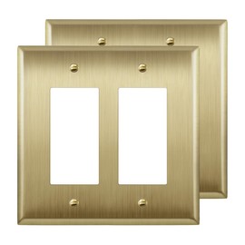 LIDER Decorator Switch or Receptacle Metal Wall Plate, Stainless Steel Outlet Cover, Corrosion Resistant, Mid-Size 2-Gang 4.88" x 4.92", 201 Stainless Steel, UL Listed, Burshed Brass, 2 Pack