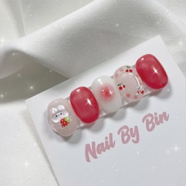 [Handmade Nail Tips] Rabbit Strawberry Jam Nails - Long Ballerina / [수제네일팁] 토끼딸기잼 네일 - 롱발레리나