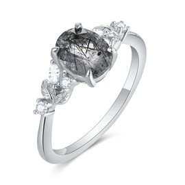 IRROYA Art Deco 1.5 Carat Oval Natural Black Rutilated Quartz Ring 925 Silver Black Stone Wedding Ring Plated by Platinum Cluster Round Marquise Cubic Zirconia Rings for Women Sterling Silver Leaf
