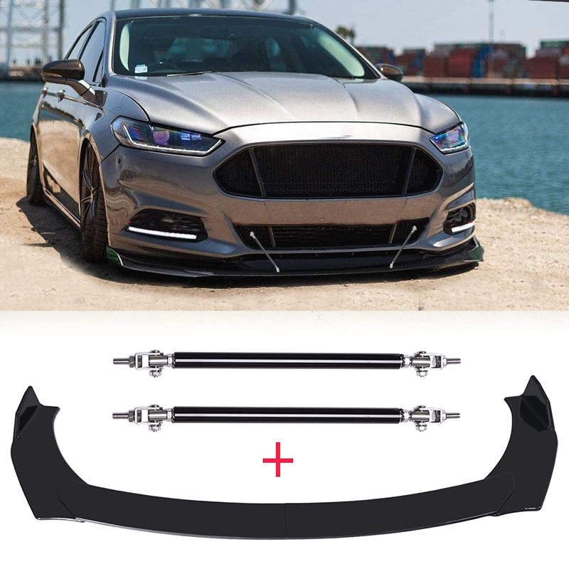 Black Front Bumper Lip Splitter Spoiler + Strut Rods Compatible