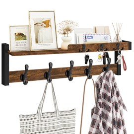 Homode Coat Rack Wall Mount with Shelf, Entryway Coat Hanger with Key Hooks and Mail Holder, 29 Inch Wood Floating Shelf with Hooks and Storage, Key Holder Mail Organizer, Rustic Brown