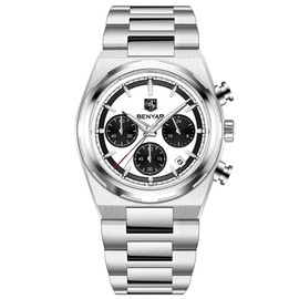 TAYSHILEY Quartz Men's Watches Stainless Steel Waterproof Chronograph Wrist Watches for Men Luxury Business Sports Gift Watches Car Date, Silver white, spotrs