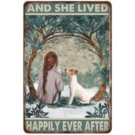 LINQWkk Rustic Retro Metal Tin Sign Girl And Jack Russell Dog And She Live Happily Ever After Vintage Garden Decorative Plaque Farmhouse Country Home Wall Decor 8X12Inch, Material_tin08