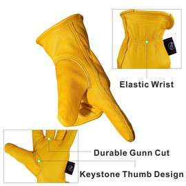 KIM YUAN Leather Work Gloves for Gardening/Cutting/Construction/Farm/Motorcycle, Men & Women, with Elastic Wrist