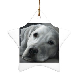 White Golden Retriever Tired Sleepy Dog Star-Shaped Porcelain Holiday Christmas Tree Ornament - 3.1"