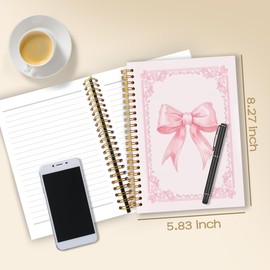 WARDOS Coquette Pink Bow Spiral Notebook Journal 5.5x8.3, Preppy Pink Floral Journal, Coquette Preppy Office Supplies, Girly Cute Bowknot Notebook for Women Teen Girls