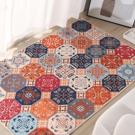 Lofus Moroccan Trellis Area Rug 3x5, Machine Washable Bedroom Rug Indoor Door Mat, Non-Slip Low Pile Entry Rug for Bedroom Kitchen Entryway Bathroom, Durable Faux Wool Rugs Carpet (Orange, 3x5ft)