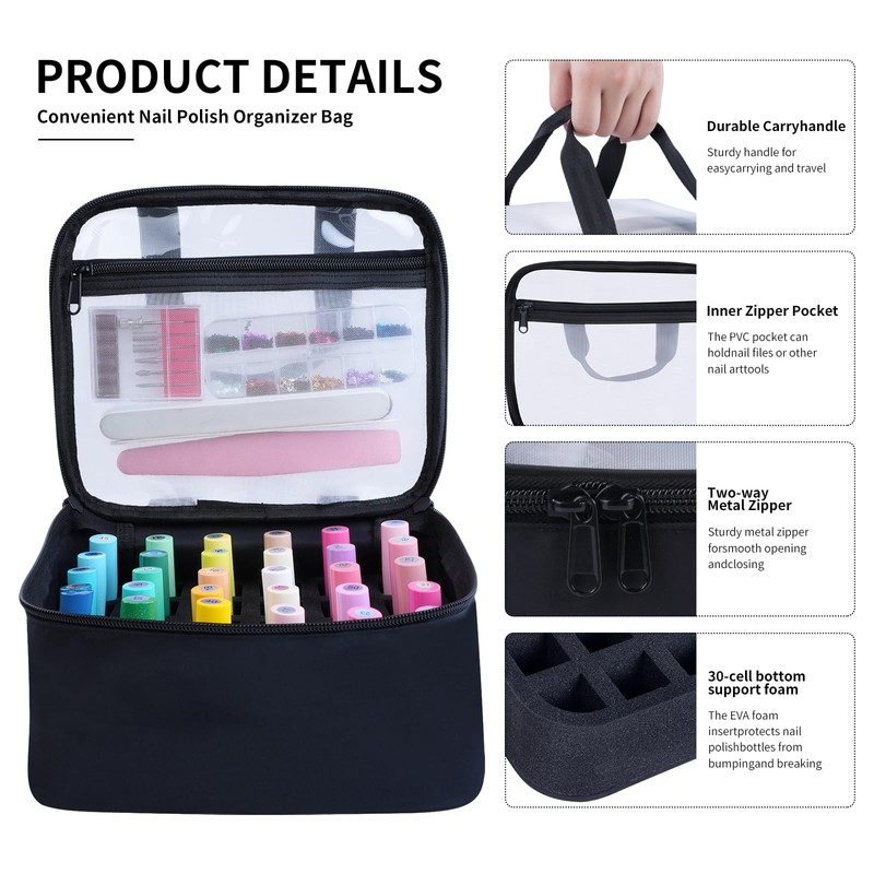 YAHOURWAT Nail Polish Organizer Case Holds 30 Bottles(15ml-0.5 fl.oz)