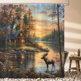 Sokdcam Rustic Cabin Shower Curtain, Country Lodge Forest Deer Moose Wildlife Lake Farmhouse Shower Curtain for Bathroom Set, Hunting Camping Adventure Polyester Fabric Bath Curtains 72x72inch