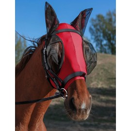 HackFond Horse Fly Mask with Ears, UV Protection Fly Mask for Horses, Elasticity Fly Mask with Big Mesh Eye Covers, Snug Fitting Comfortable Breathable Lightweight Fly Mask Horse Rose Red Cob