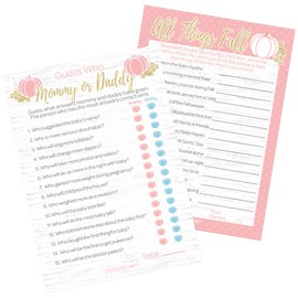 DISTINCTIVS Pink Little Pumpkin Girl Baby Shower Party Games - All Things Fall and Mommy or Daddy Matching Game (2 Game Bundle) - 20 Cards, Fall Baby Shower
