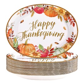 50Pcs Fall Oval Paper Plates 10" x 12" Large Heavy Duty Disposable Fall Apple Pumpkin Platters Thanksgiving Harvest Dessert Plates for Thanksgiving Autumn Fruit Theme Baby Shower Party Decorations