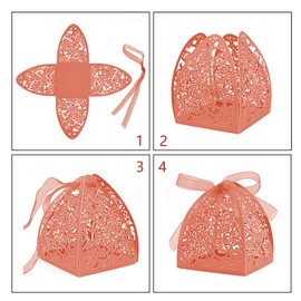 Auto-plaza 50 Pieces Beauty Laser Cut Favor Boxes DIY Wedding Birthday Gift Candy Boxes with Ribbons (Pink)