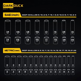 DARK DUAK 3/8-Inch Drive Impact Socket Set, 50-Piece Standard SAE (5/16-3/4 Inch) and Metric (8-22mm), 6-Point Cr-V Material, Includes Extension Bar and Universal Joint,with gloves.