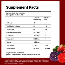 Creatine Monohydrate Gummies, 8000mg Complex, 120 Count, Sugar-Free with BCAA, L-Carnitine, Taurine and Vitamins, for Muscle Strength and Recovery