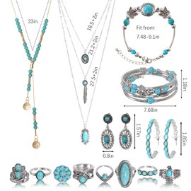 Ishua 14pcs Western Jewelry Bohemian Set, Adjustable Bohemian Turquoise Jewelry for Women - Vintage Western Boho Rings, Necklace, Earrings & Bracelet for Daily & Special Occasions