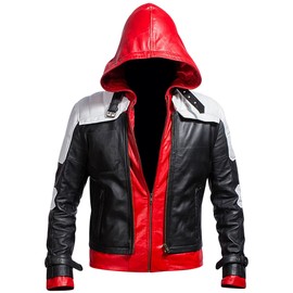 Superhero Bat Style Red Hood Men's Faux Leather Jacket + Vest (Large, White)