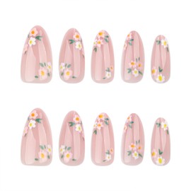 SINHOT Almond Press on Nails Medium - Daisy Flower & Nude Natural Stiletto Nail Art, DIY Fake Nails with Glossy Glue on Nails, 24Pcs