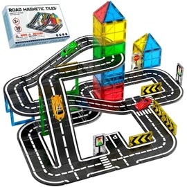 SKTMYY Magnetic Tiles Road Set with Cars & Ramp, STEM Magnetic Tiles for Kids Ages 4-8, Creative Magnet Building Blocks Expansion Pack, Montessori Toys for 4+ Years Old Boys Birthday Gifts