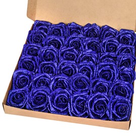 BLEUM CADE 36Pcs Artificial Flowers Fake Roses with Stems, Blue Glitter Boxed Foam Roses for DIY Bouquets Centerpieces Wedding Party Arrangement Bridal Shower Decor