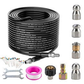 Sewer Jetter Kit for Pressure Washer 50FT，Drain Cleaner Hose 1/4 Inch NPT Corner, Rotating and Button Nose Sewer Jetting Nozzle Kit Waterproof Tape Pearl Corsage Pin and Spanners，5800PSI