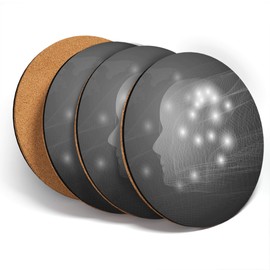 Destination Vinyl ltd Great Coasters (Set of 4) Round - BW - Machine Artificial Intelligence Brain Drink Glossy Coasters/Tabletop Protection for Any Table Type #43160