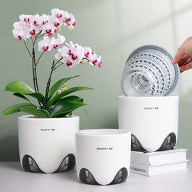 Meshpot 5 inch Orchid Pots with Holes,Set of 2,Double Layer Plastic Imitate Ceramic Texture Orchid Planter,Inner Clear Orchid Pot Match Outer Decorative Orchid Container