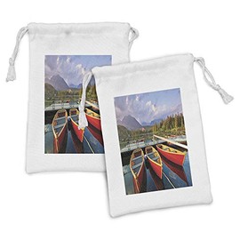 Lunarable Fishing Boat Fabric Pouch Set of 2, Natural Themed Photo with Lake Pier Mountain and Forest Cloudy Sky Europe, Small Drawstring Bag for Toiletries Masks and Favors, 9" x 6", Multicolor