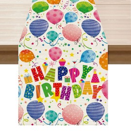 BOTB LIHM Happy Birthday Colorful Balloons Confetti Stars Table Runner Burlap Table Decoration for Home Kitchen Dining Dinner Indoor Holiday Party Farmhouse Decor 13x36 Inch