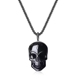COAI Men's Lucky Necklace Skull Pendant, Obsidian, Obsidian